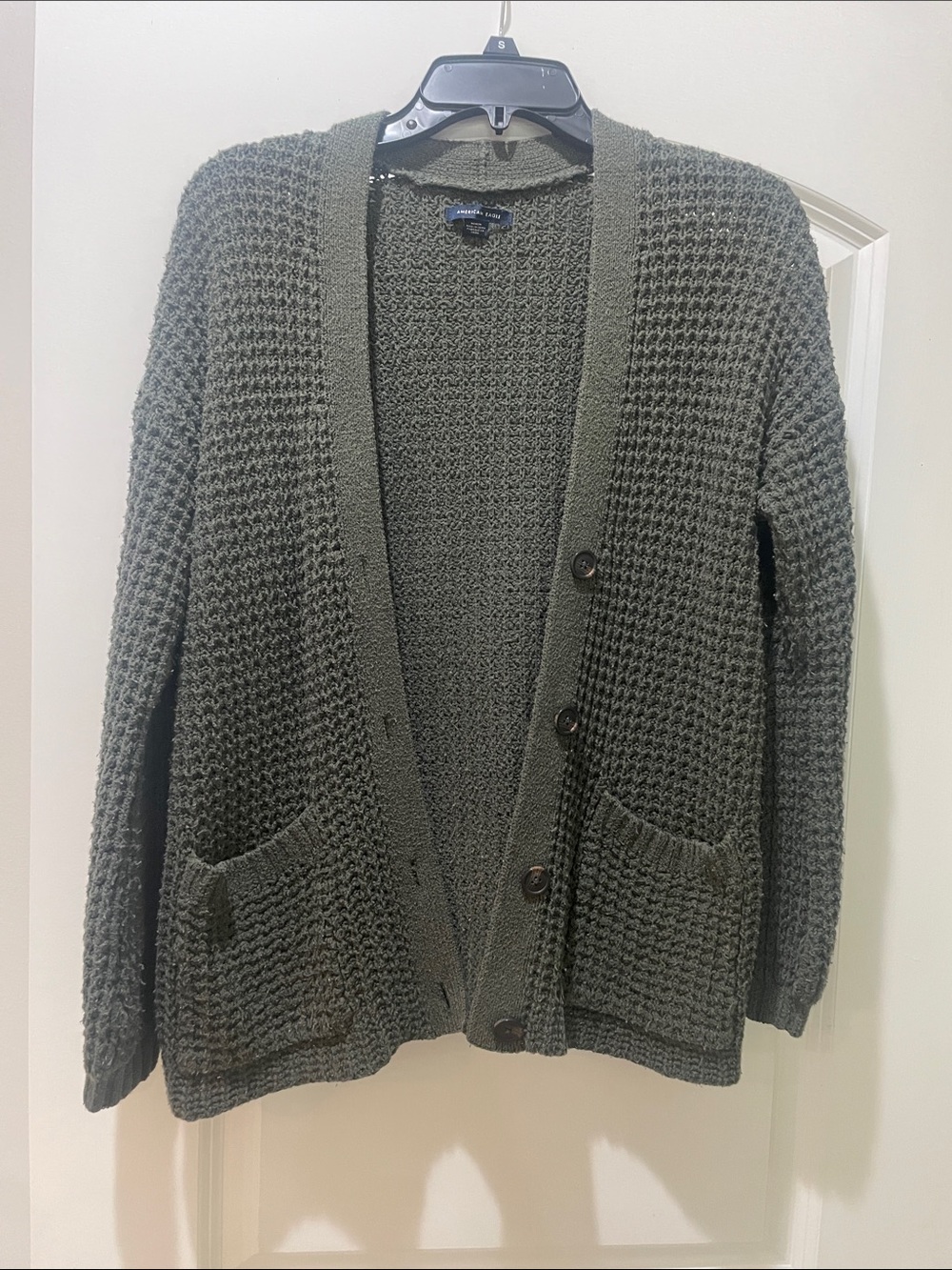 American Eagle Olive Green Waffle Knit Cardigan